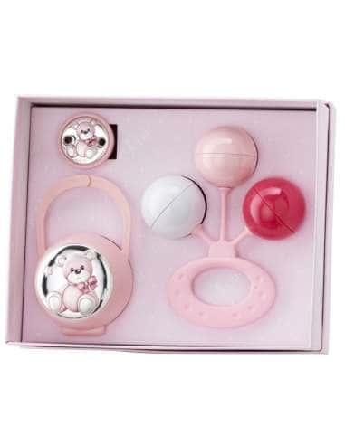 Set Infantil Portachupetes con Pinza y Sonajero oso rosa EV3466/01R
