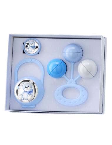 Set Infantil Portachupetes con Pinza y Sonajero Oso  Azul - Eventi EV3466/01C